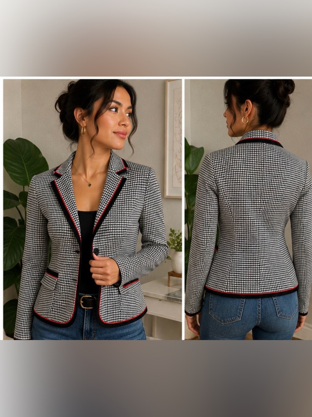Chopin Roma Italy Houndstooth Blazer Women’s TG 42 Black White Red Trim Jacket